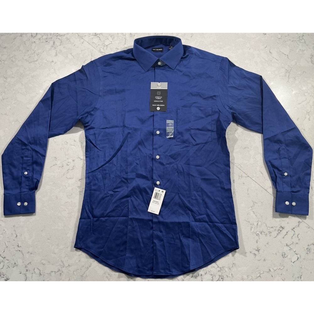 NWT Van Heusen Dress Shirt‎ Mens 15½ 32/33 M Blue Fitted Stretch Wrinkle Free
